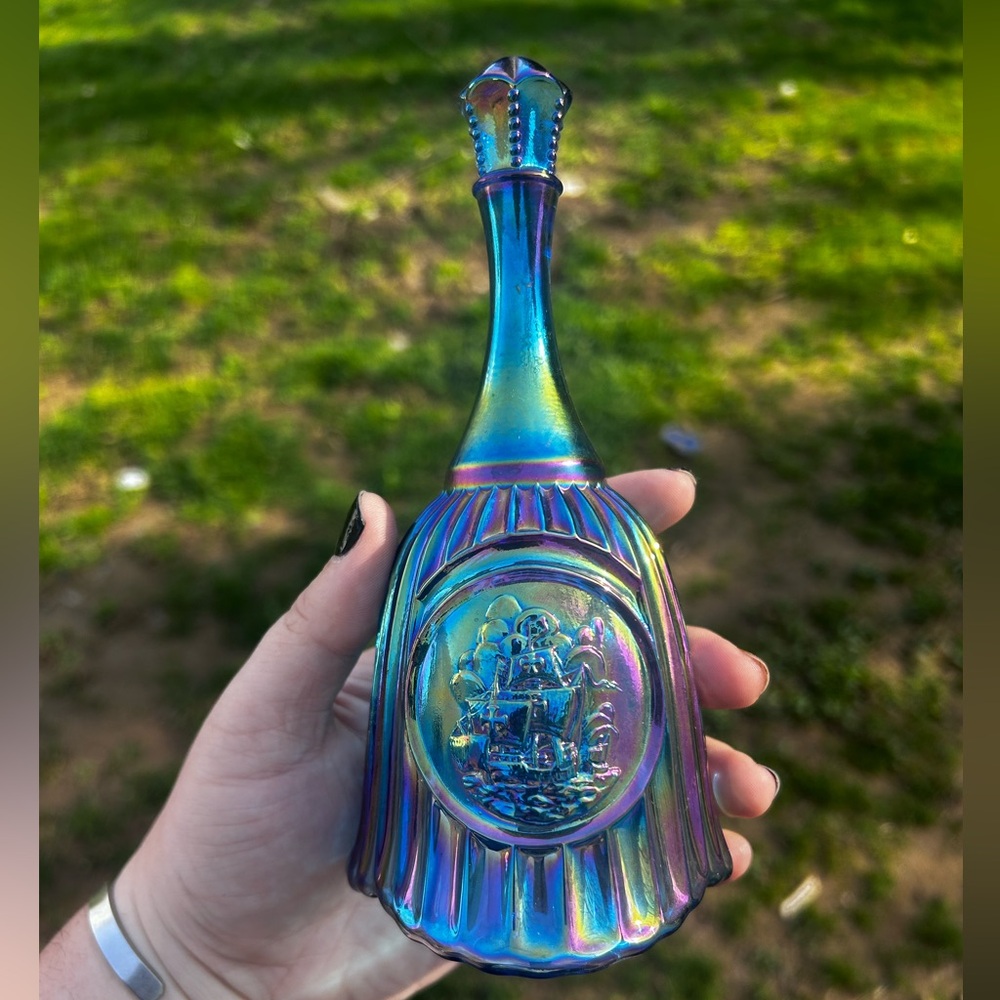 Fenton Discovery of America Iridescent Blue Glass Decorative bell